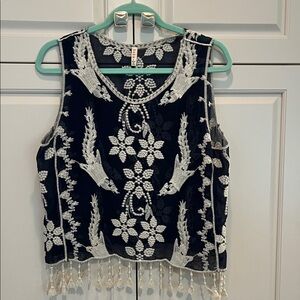 RAGA Embroidered Black Sleeveless Tassel Hem Top Latge